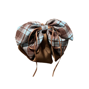 韩系咖色格子缎面蝴蝶结马尾抓夹女气质后脑勺盘发鲨鱼夹发卡头饰