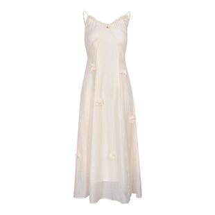 周也孟子义同款 Kroche 轻薄天丝 立体花朵长款吊带度假连衣裙