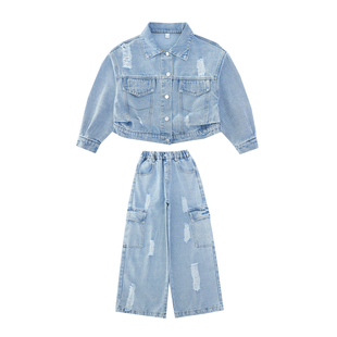 女童牛仔套装2026春季新款儿童外套破洞工装裤潮酷大童春装两件套
