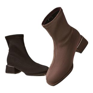 星期六瘦瘦靴女短靴秋冬新款粗跟绒面时装靴SSC4116CS3