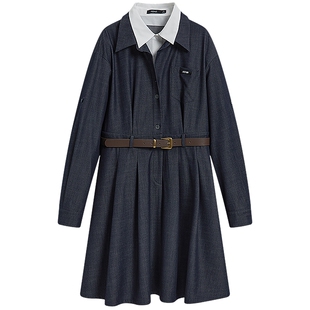 KBNE小个子收腰假两件仿牛仔连衣裙女2026春季新款气质长袖衬衫裙