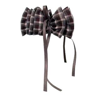 摩卡甜心~韩系复古格纹云朵香蕉夹蝴蝶结飘带减龄学院风马尾竖夹