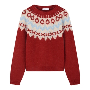 北欧时刻复古费尔岛红色毛衣女春季新款慵懒风设计厚款圣诞针织衫