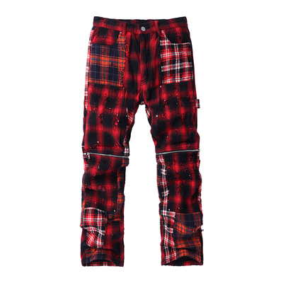 YIUXI美式格子破洞牛仔裤男