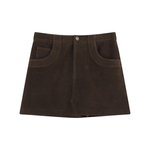 pusumede极简百搭 咖色复古pu仿麂皮绒半身裙女设计感a字包臀短裙