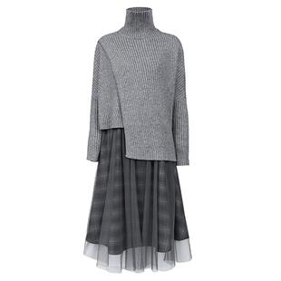 sdeer圣迪奥女装格纹网纱高领针织两件套连衣裙S223Z1442
