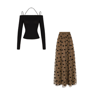 XULU原创网纱植绒波点桃心优雅气质半身裙人棉针织露肩短款上衣