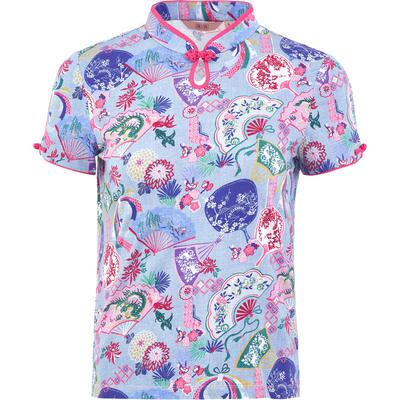 渔牌女装短袖t恤女2024新款夏季中式旗袍领印花棉质上衣FGGB2051