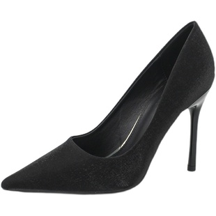 2025年新款春秋百搭黑色职业绸缎高跟鞋女细跟尖头性感单鞋不累脚