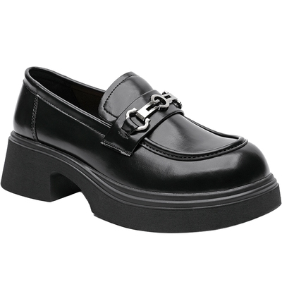 月芽儿乐福鞋女2025春季新款黑色粗跟软底小皮鞋通勤百搭深口单鞋