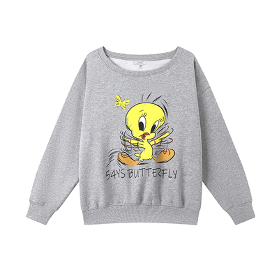 54YS小黄鸭一字肩斜肩两穿圆领卫衣美式校园通勤韩系卡通短款早秋