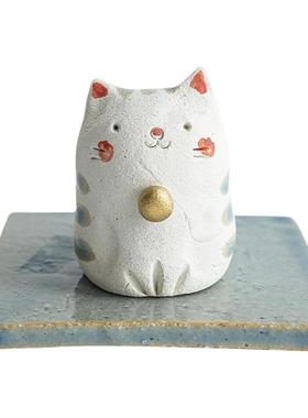 日本手作粗陶猫咪香立