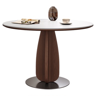 奥古斯特哑光岩板餐桌小户型中古风可嵌入餐边柜新款圆形实木餐桌