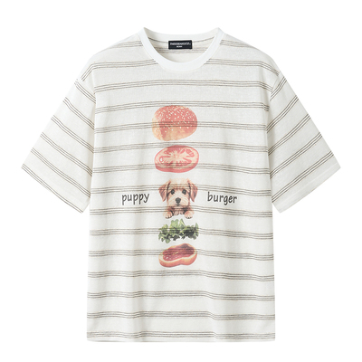 白口阳【Puppy Burger】小狗汉堡天丝亚麻凉感印花条纹短袖夏男生