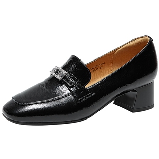 千百度经典一脚蹬乐福鞋女款秋季新款粗跟通勤黑色中跟小皮鞋