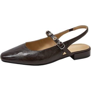 康莉羊皮革包头凉鞋女2026春夏新款米色时尚真皮平低跟后空凉单鞋