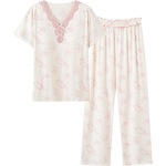 思莉太太凉感莫代尔棉睡衣女款夏季短袖长裤带胸垫气质优雅家居服