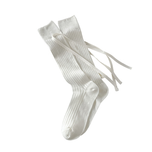 袜子女夏季纯棉长筒芭蕾风绑带蝴蝶结堆堆袜百搭显瘦jk甜美小腿袜