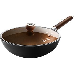 张小泉32cm雪花纹铁锅家用无涂层三重防锈燃气灶用原木柄透明锅盖