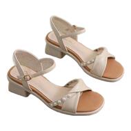 紅青蜒珍珠粗跟凉鞋女今年夏季新款百搭一字带外穿仙女风配裙子女