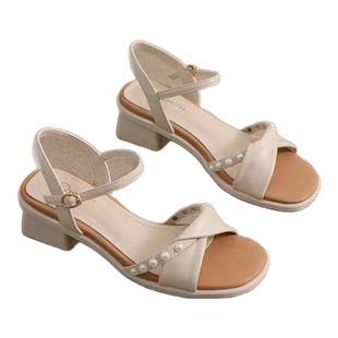 紅青蜒珍珠粗跟凉鞋女今年夏季新款百搭一字带外穿仙女风配裙子女