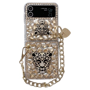 Phone Case Cover with Metal Hand Chain, Bling Diamond Leopard Head For Samsung Galaxy Z Flip 7 6 4 3