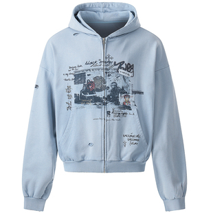 OV原创美式人物印花做旧水洗连帽卫衣女春季宽松破洞开衫外套男潮