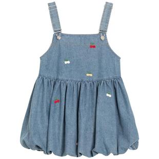 KEIKO 甜系樱桃绣花背带牛仔花苞裙夏元气轻活风穿搭小个子连衣裙