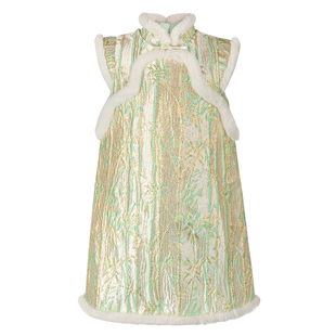 LittleNaive儿童中式连衣裙冬季新款夹棉旗袍女童提花刺绣背心裙