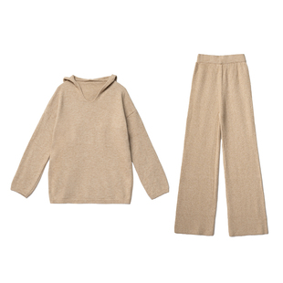 针织衫BUDENGSHI百搭2024年秋冬连帽V领套头卫衣阔腿裤套装两件套