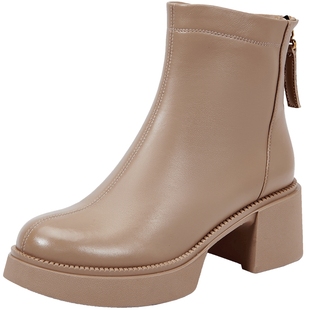 百田森高跟鞋秋冬弹力时装靴真皮新款爆款小个子增高厚底短靴女款