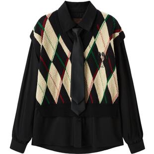 太平鸟女装冬季假两件格纹上衣A3CDD4183