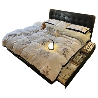 华夫格小户型头层牛皮静音储物床