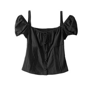 BANANA CICI2024年夏季新款辣妹风方领泡泡袖假门襟短款露肩衬衫