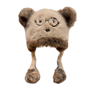 可爱眼镜小熊毛绒帽子女冬季骑车保暖防寒护耳帽百搭显脸小雷锋帽