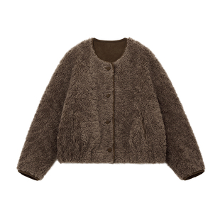 PRE PREWORKS复古圆领双面穿绵羊毛皮毛一体皮草麂皮绒短款外套