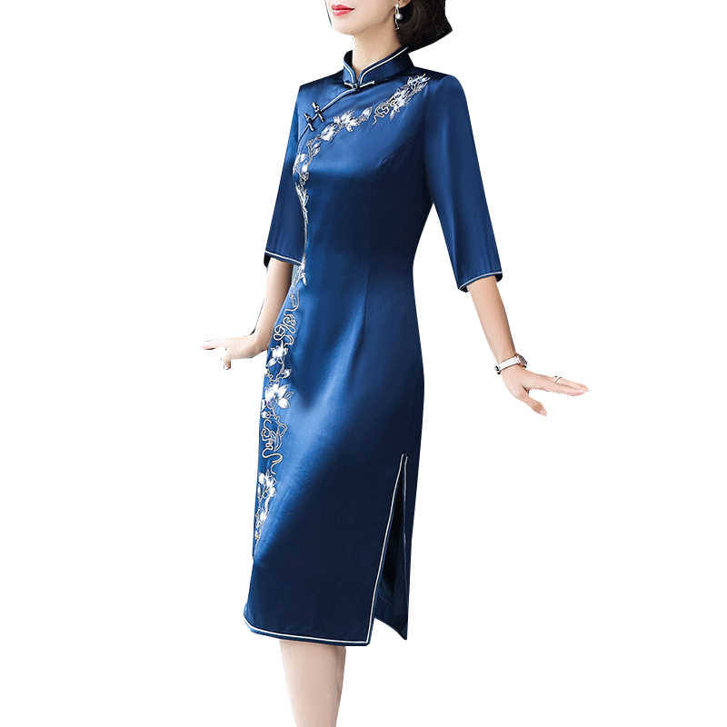 秋季改良旗袍秋季醋酸礼服中袖
