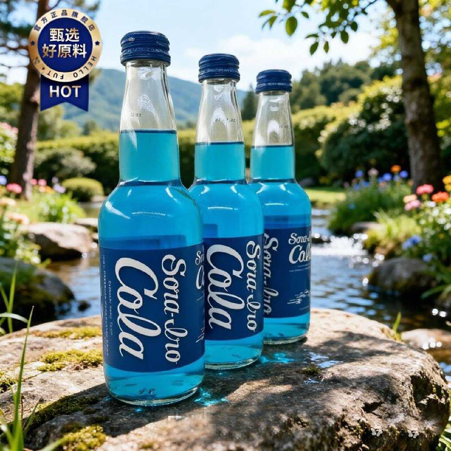 日本进口齐藤原装蓝色可乐汽水玻璃碳酸饮料330ml
