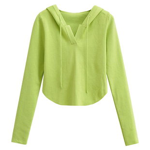 【包邮】纯欲圆弧下摆设计感连帽针织衫女多色百搭高腰露脐卫衣潮