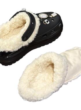 洞洞鞋内胆棉加绒秋冬毛绒冬季适配crocs卡骆驰泡芙光轮可拆卸白