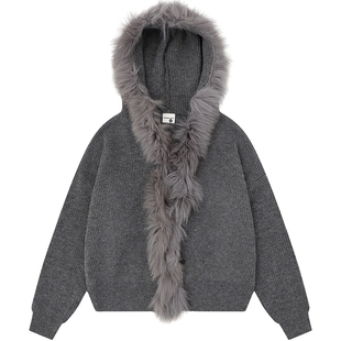 自然涩美式高级感毛领连帽短外套女装秋冬季新款慵懒风宽松厚毛衣
