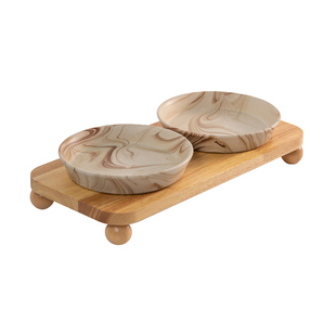 Miapet简约风斜边圆盘带橡木碗架防打翻猫碗狗碗陶瓷宠物碗舔食盘