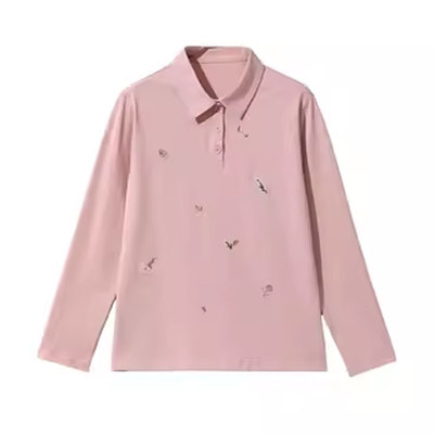 妈妈新款春季翻领时尚长袖T恤衫女装中老年休闲刺绣大妈宽松上衣