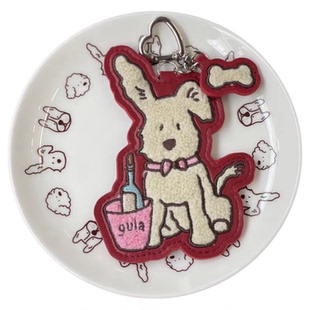 朴坊gula 点点倒酒/酒桶tutu立体小狗皮质毛巾绒绣钥匙扣多用挂件