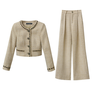 【暮秋晚风】小娜椒小个子气质小香风短款外套高腰显瘦长裤套装女