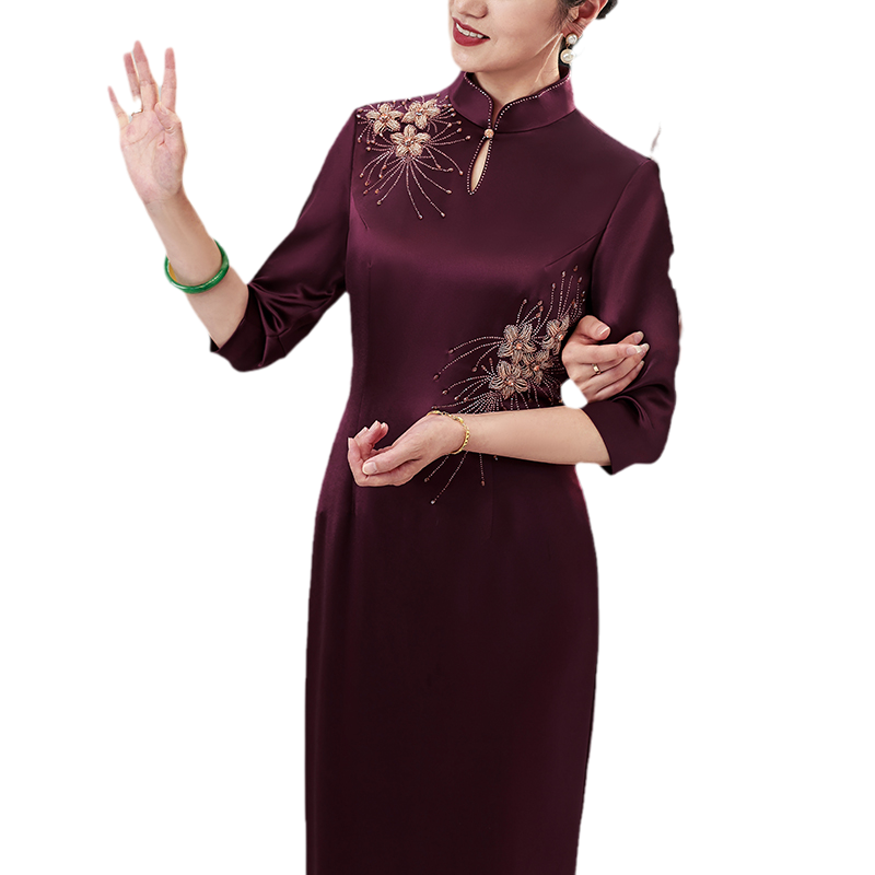 遮肚子妈妈装醋酸缎高端宴会旗袍高贵优雅婚宴喜婆婆结婚敬酒礼服