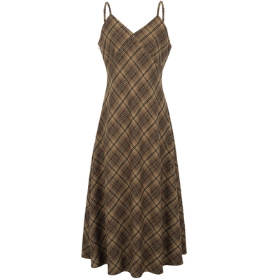 格纹法式气质吊带连衣裙女修身显瘦无袖针织长裙kbne2025秋冬新款