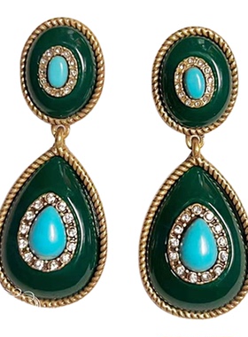 欧美宫廷中古vintage复古气质做旧绿玛瑙水滴松石项链耳环手链女