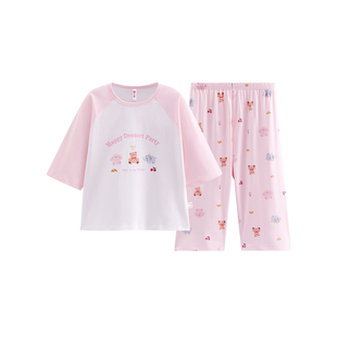 芬腾女童中袖中裤纯棉睡衣夏季薄款A类圆领套装女孩中大童家居服