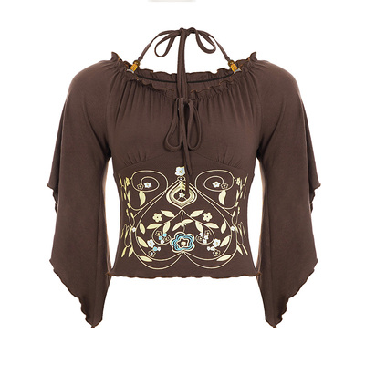 WEEKEEP 复古印花方领镂空系带挂脖串珠蝙蝠袖上衣女修身收腰T恤